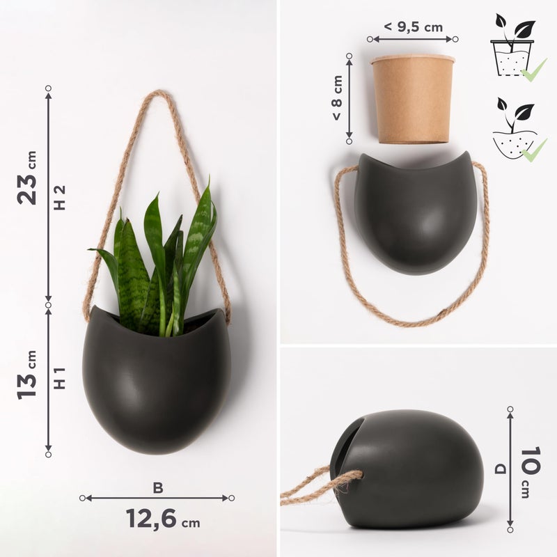 Kazai. Wall Planters -Ellie- | Hanging Ceramic Plant Pots 3 Pieces | Wall Decoration for Indoors  Balcony and Garden | Graphite (Matte) - Image 5